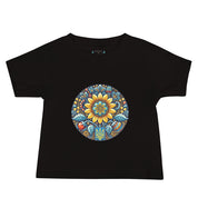 Baby jersey tee with colorful Ukrainian symbol design on black fabric, 100% combed ring-spun cotton for softness and comfort.