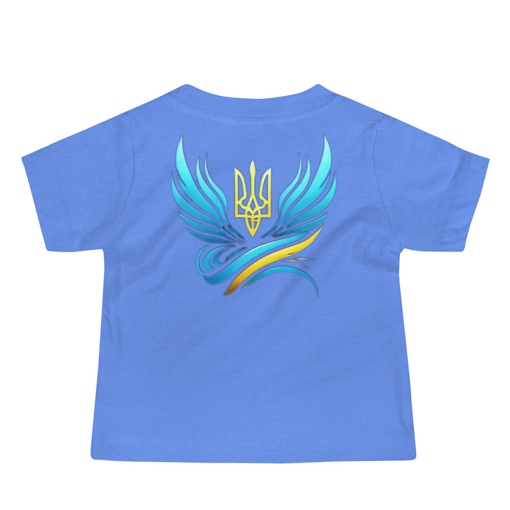 Blue baby tee with Ukrainian symbol design, made of soft cotton for everyday comfort and durability.