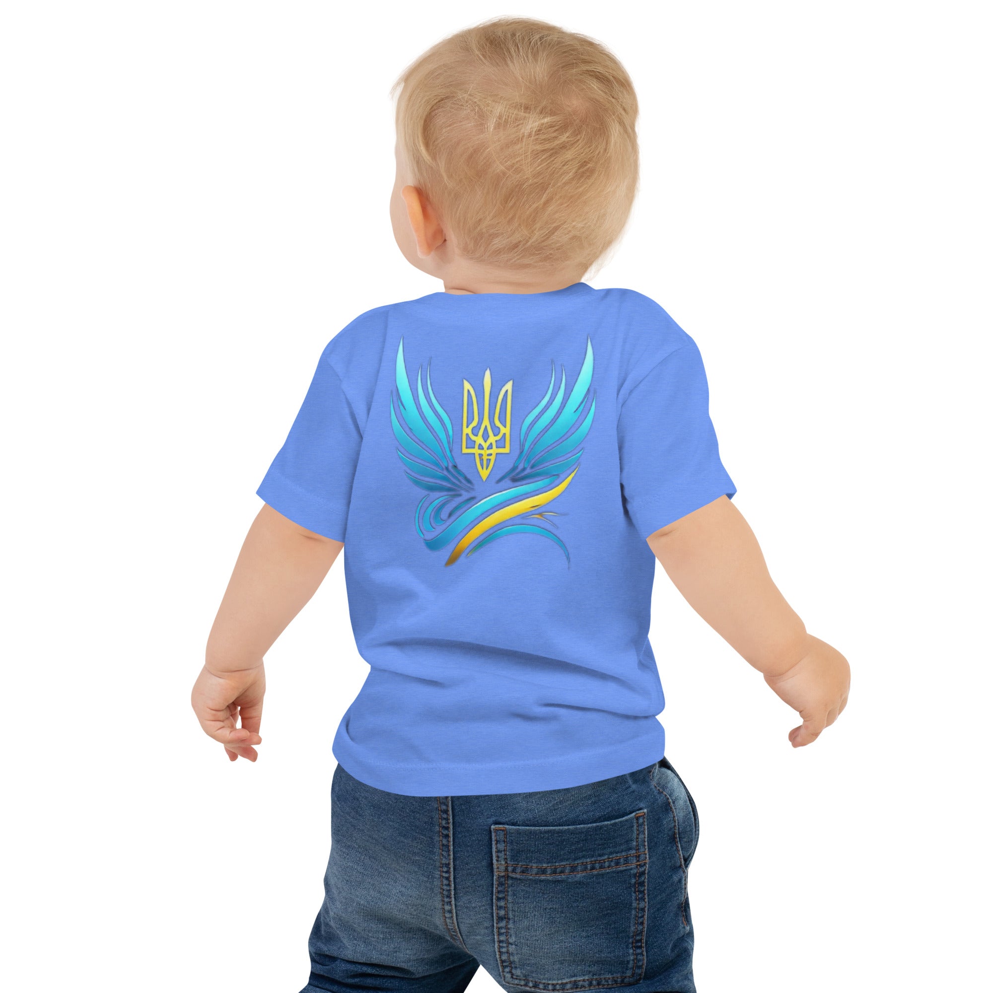 Baby wearing a blue jersey tee with Ukrainian symbol design on the back, showcasing bright colors and soft cotton fabric.