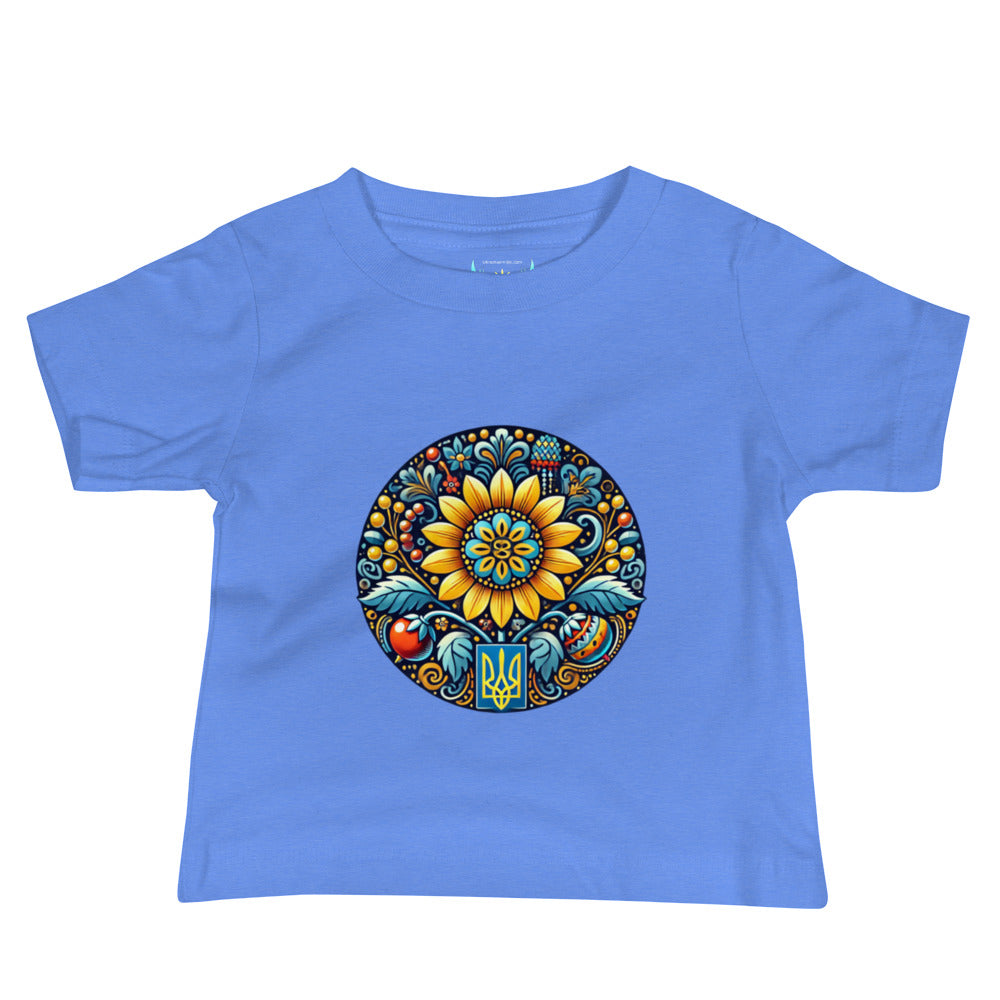 Blue baby jersey tee with Ukrainian symbol design, 100% cotton for softness and comfort, perfect for everyday wear.