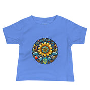 Blue baby jersey tee with Ukrainian symbol design, 100% cotton for softness and comfort, perfect for everyday wear.