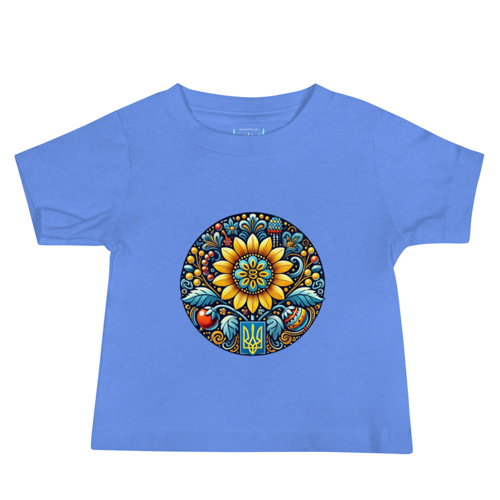 Blue baby jersey tee with vibrant Ukrainian symbol design on front. Perfect soft and durable wear for infants.