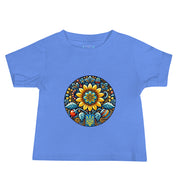 Blue baby jersey tee with vibrant Ukrainian symbol design on front. Perfect soft and durable wear for infants.