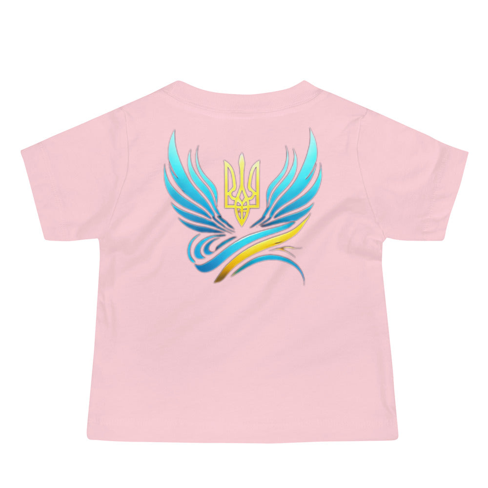 Pink baby jersey tee with Ukrainian symbol design, featuring blue and yellow accents on the back, made from soft cotton.