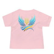 Pink baby jersey tee with Ukrainian symbol design, featuring blue and yellow accents on the back, made from soft cotton.