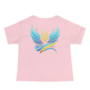 Pink baby jersey tee with colorful Ukrainian symbol design on back, made from soft 100% combed ring-spun cotton.