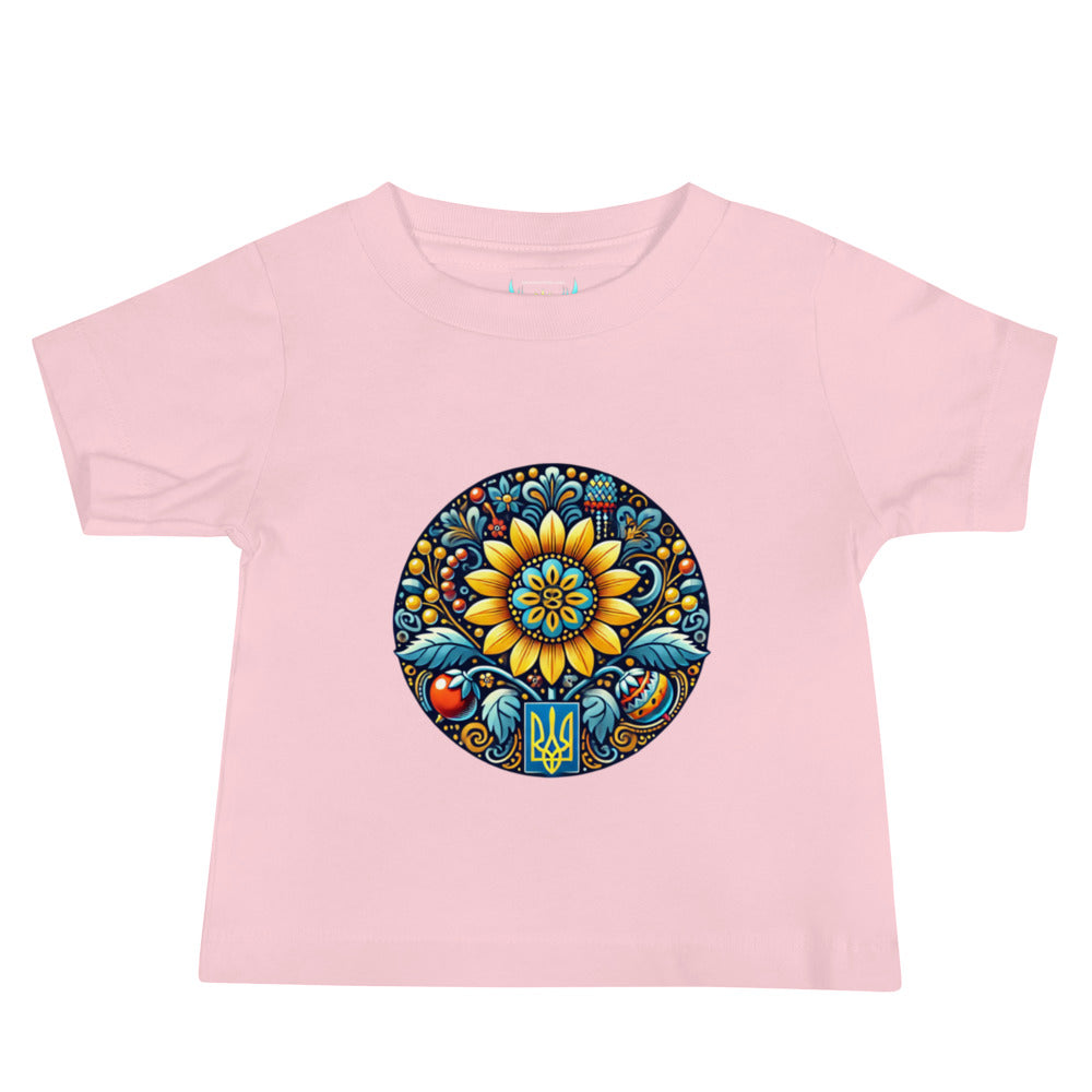 Pink baby jersey tee with vibrant Ukrainian symbol design, 100% cotton.