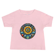 Pink baby jersey tee with vibrant Ukrainian symbol design, 100% cotton.