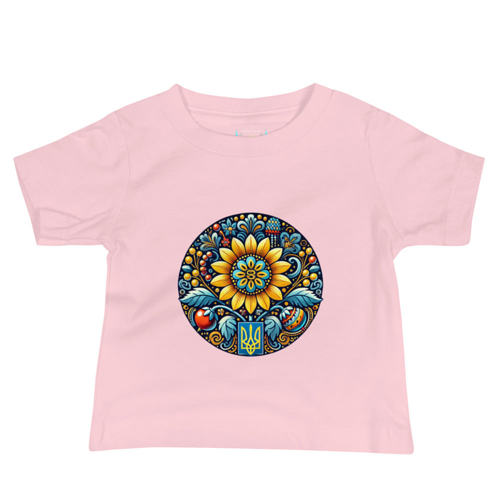 Pink baby jersey tee with vibrant Ukrainian symbol design on front, made of soft 100% combed ring-spun cotton.