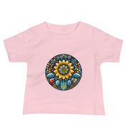 Pink baby jersey tee with vibrant Ukrainian symbol design on front, made of soft 100% combed ring-spun cotton.