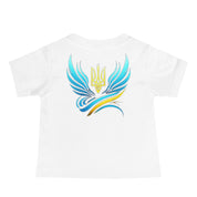 Baby jersey short sleeve tee with Ukrainian symbol design on the back, made from soft 100% combed ring-spun cotton for comfort.