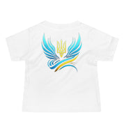Baby jersey tee with Ukrainian symbol design on white fabric, featuring soft and gentle 100% combed ring-spun cotton material.