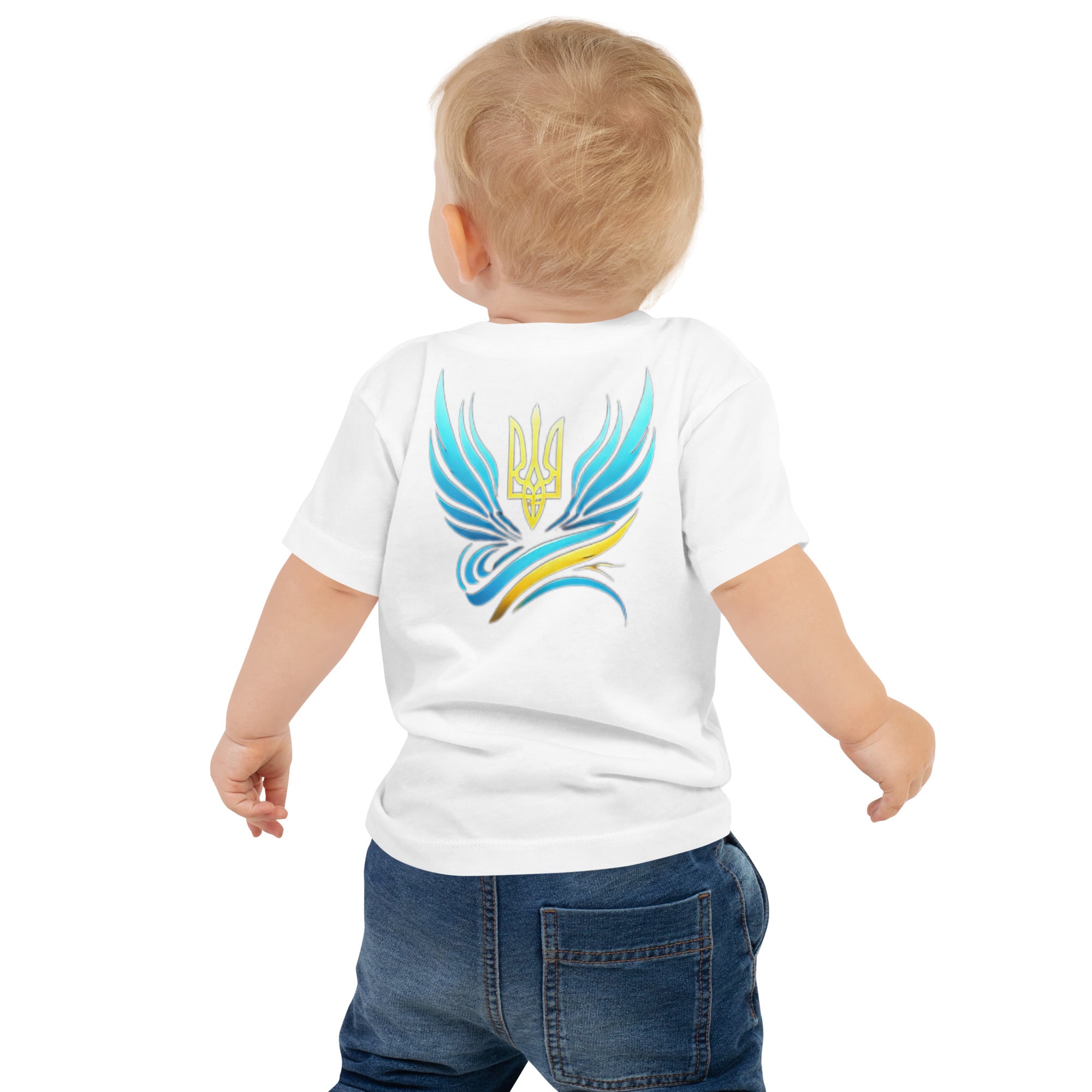 Baby wearing jersey tee with Ukrainian symbol design on back, 100% cotton, soft and durable fabric for comfortable toddler wear