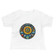 Baby jersey tee with colorful Ukrainian symbols, front design on white short sleeve shirt made from soft cotton.