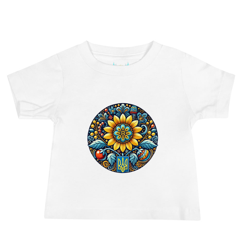 Baby jersey tee with colorful Ukrainian symbol design on front, made from soft cotton for ultimate comfort.