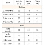 Size chart for baby and kids' clothing, showing measurements for height, waist, and chest in centimeters.