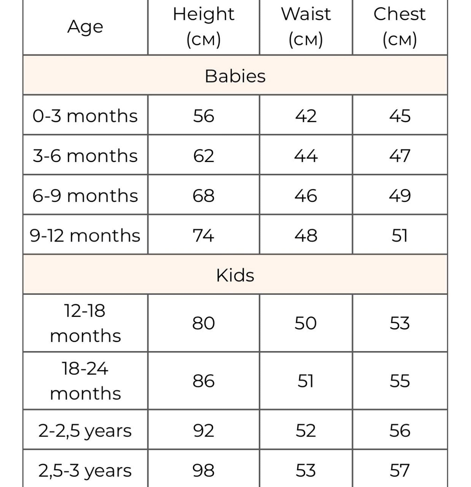 Size chart for baby and kids' clothing, showing measurements for height, waist, and chest in centimeters.