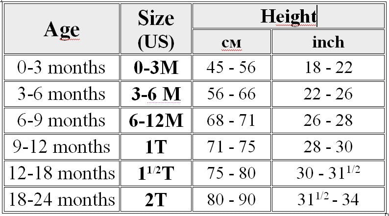 Children's clothing size chart with age, US sizes, and height in cm and inches.