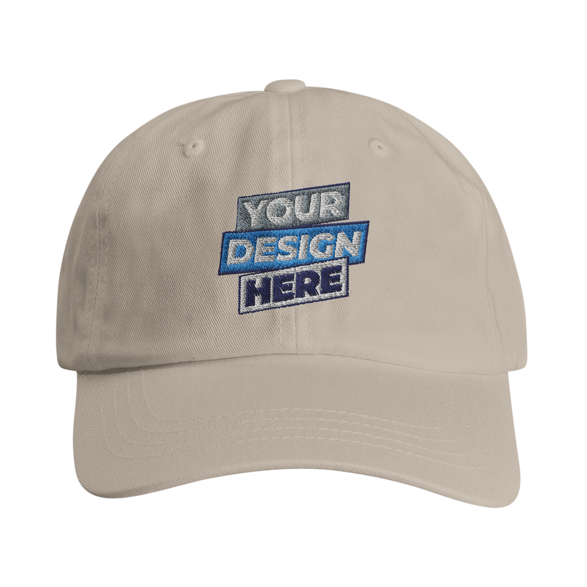 Customizable cotton dad cap with "Your Design Here" text, featuring a six-panel low-profile structure and adjustable brass buckle.