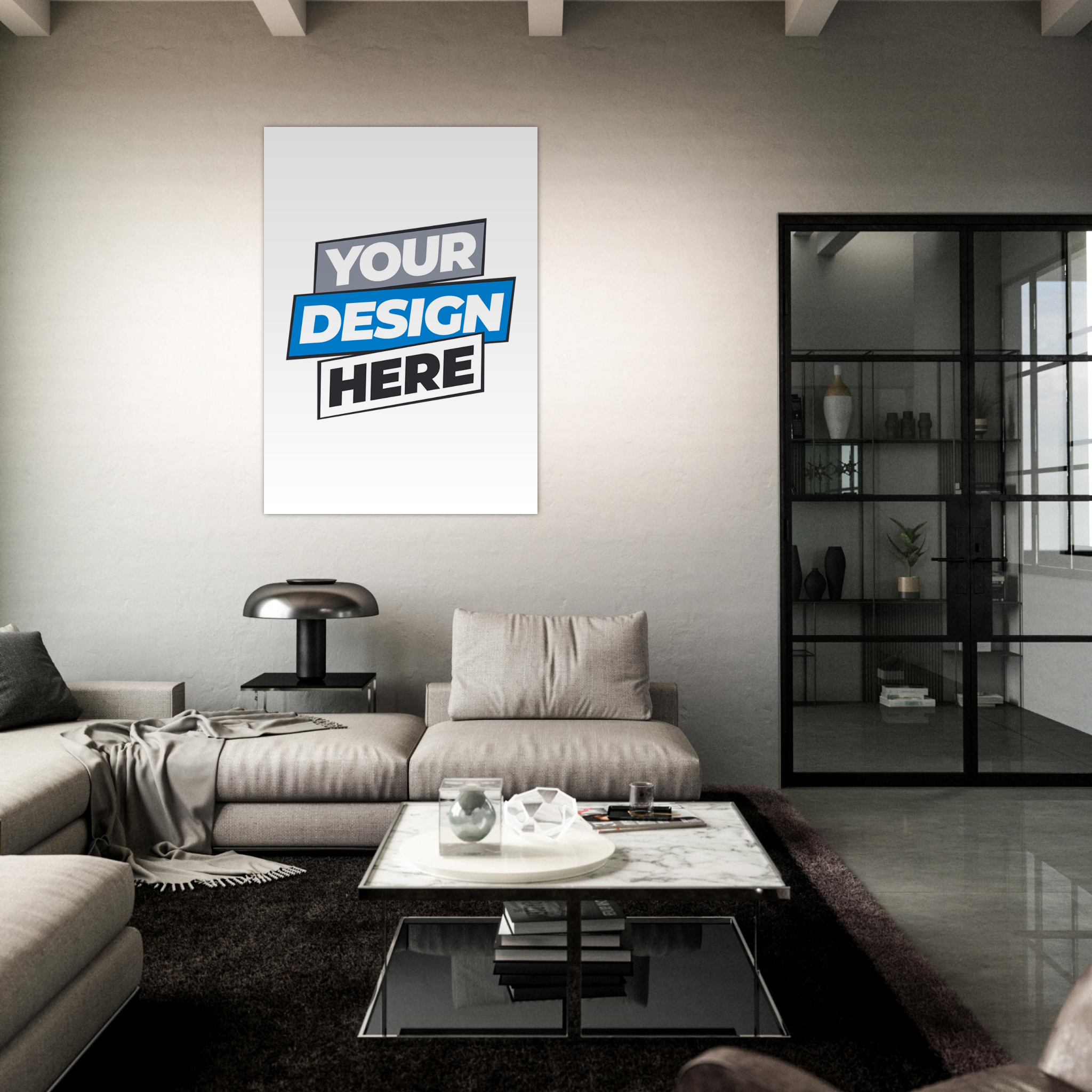 Stylish living room with a customizable fine art poster on the wall, ideal for art enthusiasts and designers seeking vibrant decor.