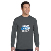 Organic unisex long-sleeve t-shirt in dark gray with customizable front design, made from soft organic cotton, worn by a smiling model.