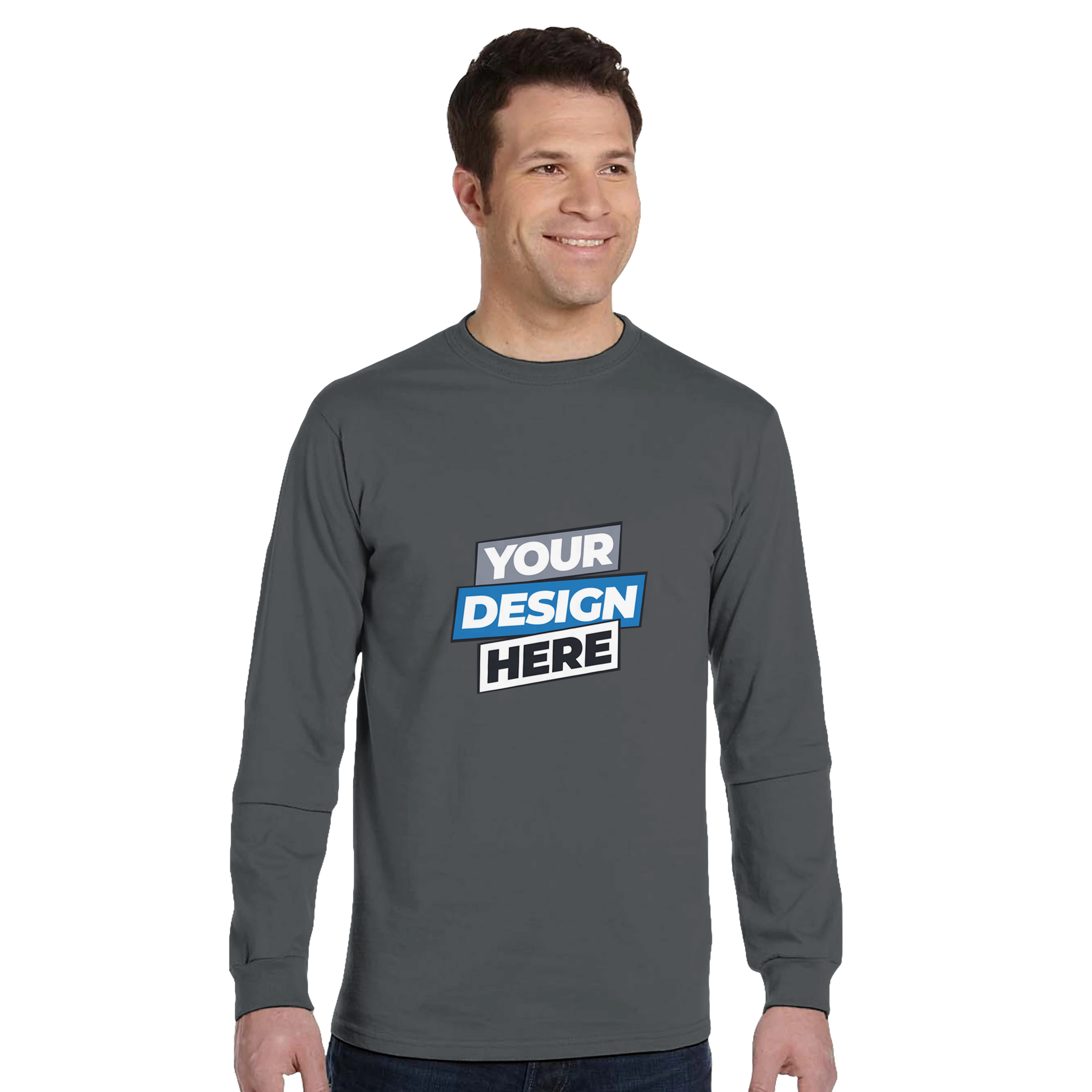 Organic unisex long-sleeve t-shirt in dark gray with customizable front design, made from soft organic cotton, worn by a smiling model.