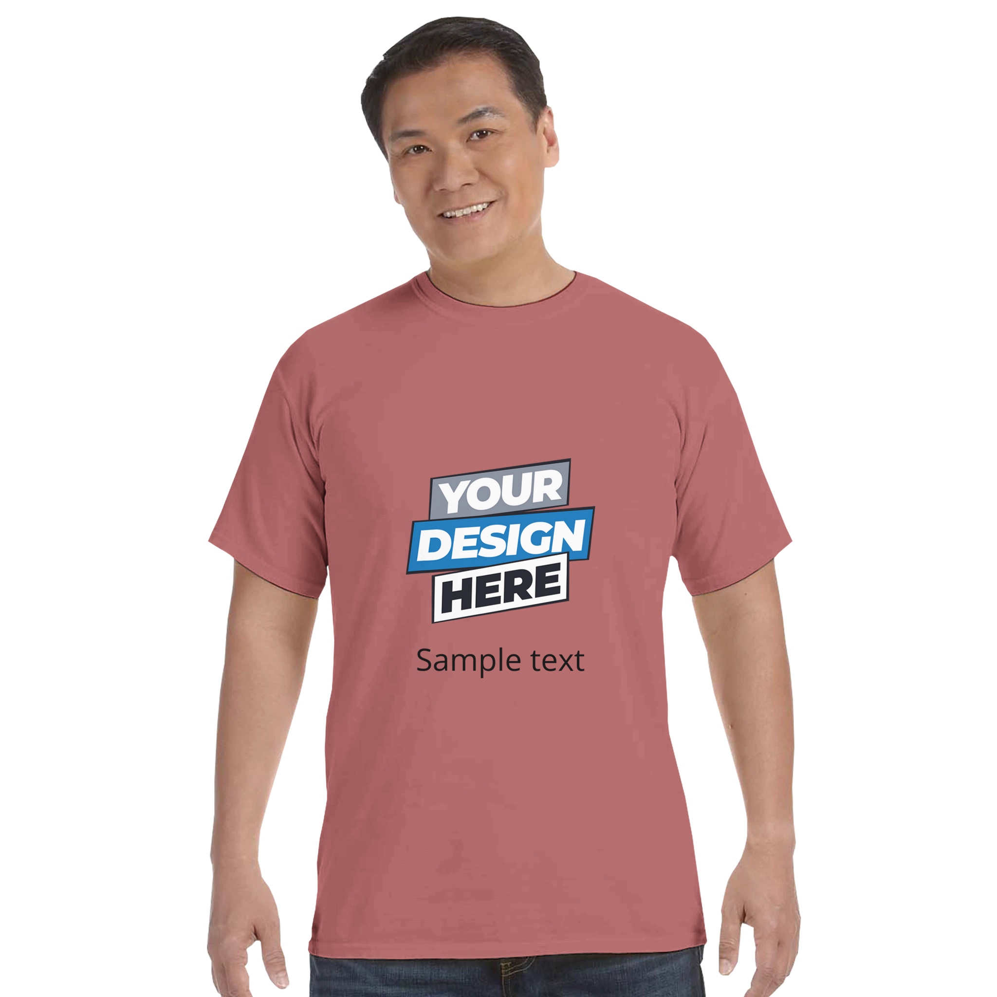 Durmor Heavyweight T-Shirt in red with customizable design, modeled by a person, showcasing its structure and softness.