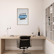 Stylish home office with a desk and customizable framed canvas print on the wall, enhancing the room's aesthetic appeal.