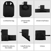 Folding instructions for a reusable black tote bag, featuring six steps from unfolding to neatly packing into a compact pouch.