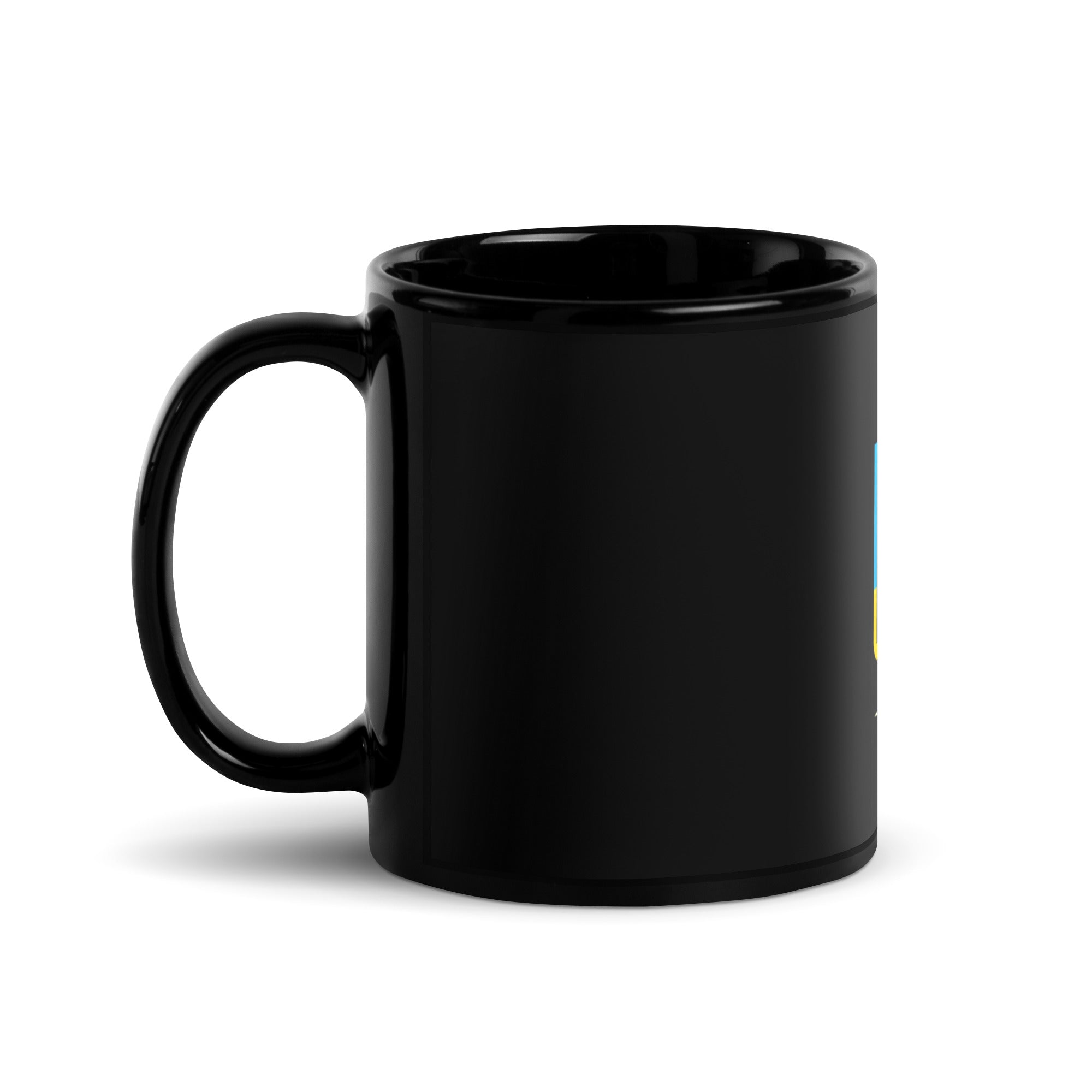 Black ceramic mug with Ukrainian Tryzub emblem, sleek glossy finish, perfect for coffee or tea, 11oz and 15oz sizes available.