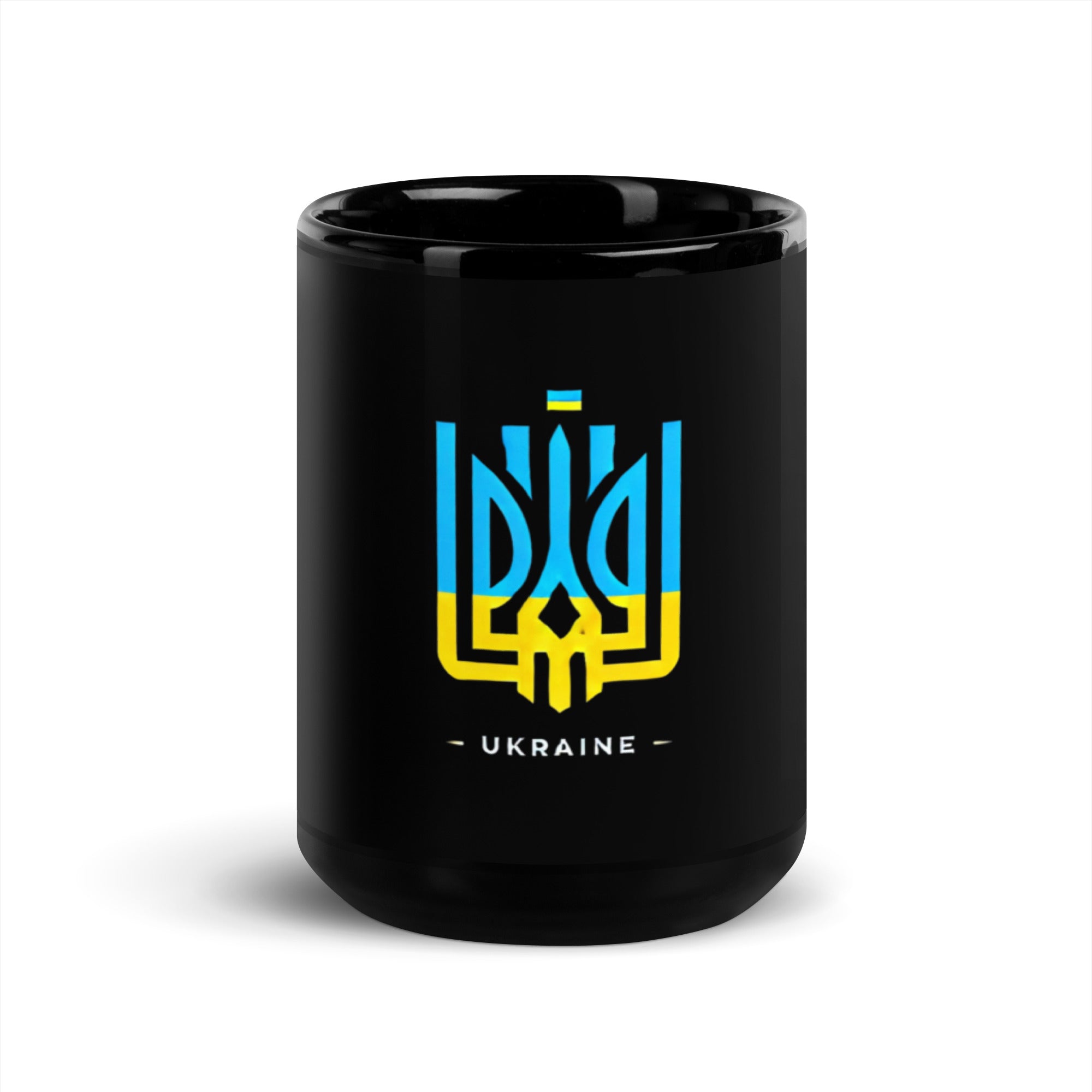 Black ceramic mug featuring Ukrainian Tryzub emblem, glossy finish, perfect for coffee or tea, showcasing Ukrainian pride.