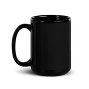 Black ceramic mug with a glossy finish, featuring the Ukrainian Tryzub emblem. Perfect for coffee or tea, available in 11oz and 15oz.