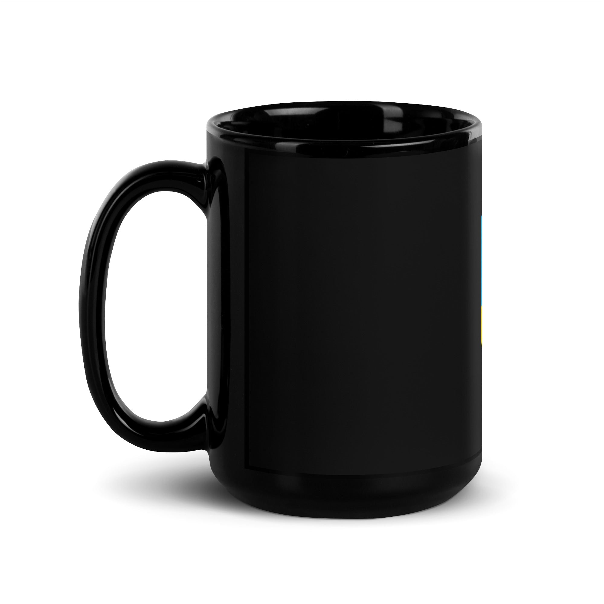 Black ceramic mug with a glossy finish, featuring the Ukrainian Tryzub emblem. Perfect for coffee or tea, available in 11oz and 15oz.