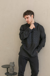 Black linen men's embroidered vyshyvanka shirt with Poltava ornament.