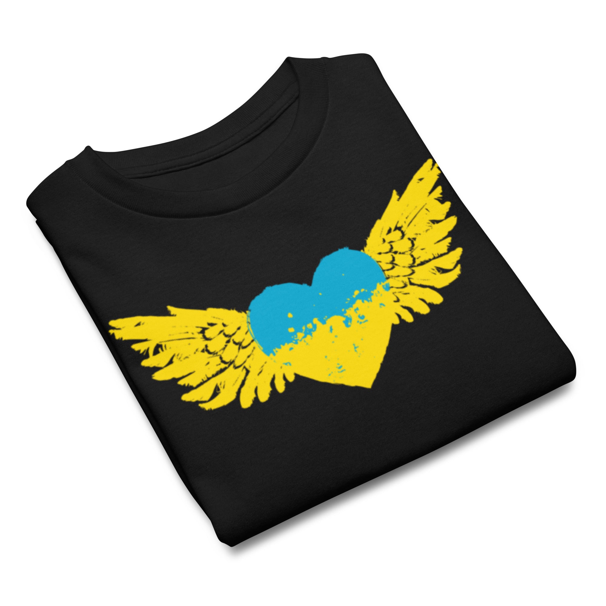 Black t-shirt with a winged blue and yellow heart design, symbolizing Ukrainian pride and culture.