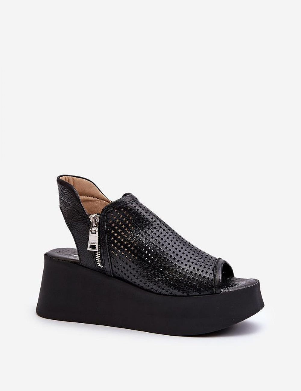 Alviera Openwork Leather Sandals in black with cut-out design, zip closure, and structured heel for comfort and elegance.