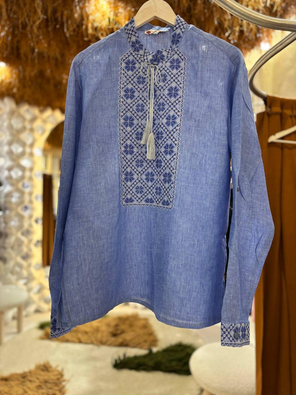 Blue Linen Ukrainian Vyshyvanka Shirt for Men with Embroidered Alatyr Symbol