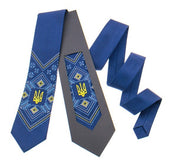 Blue satin tie with Ukrainian Trident embroidery, elegant business necktie, perfect gift for him, patriotic and versatile accessory.