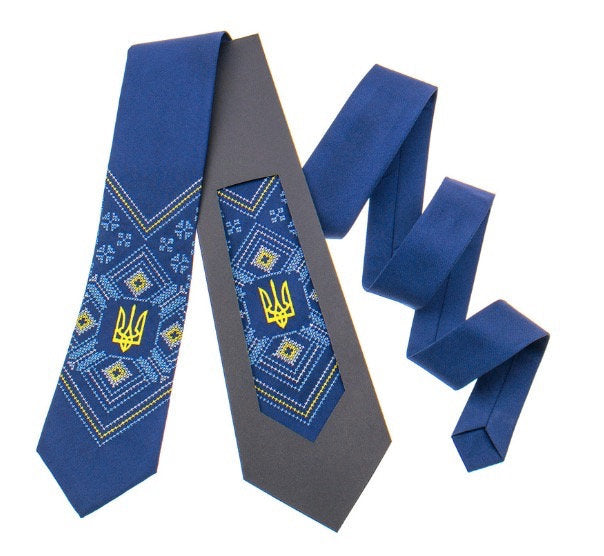 Blue satin tie with Ukrainian Trident embroidery, elegant business necktie, perfect gift for him, patriotic and versatile accessory.