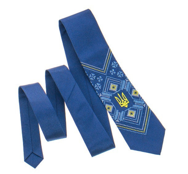 Blue satin tie with embroidered Ukrainian Trident, ideal for business or a patriotic gift for men.
