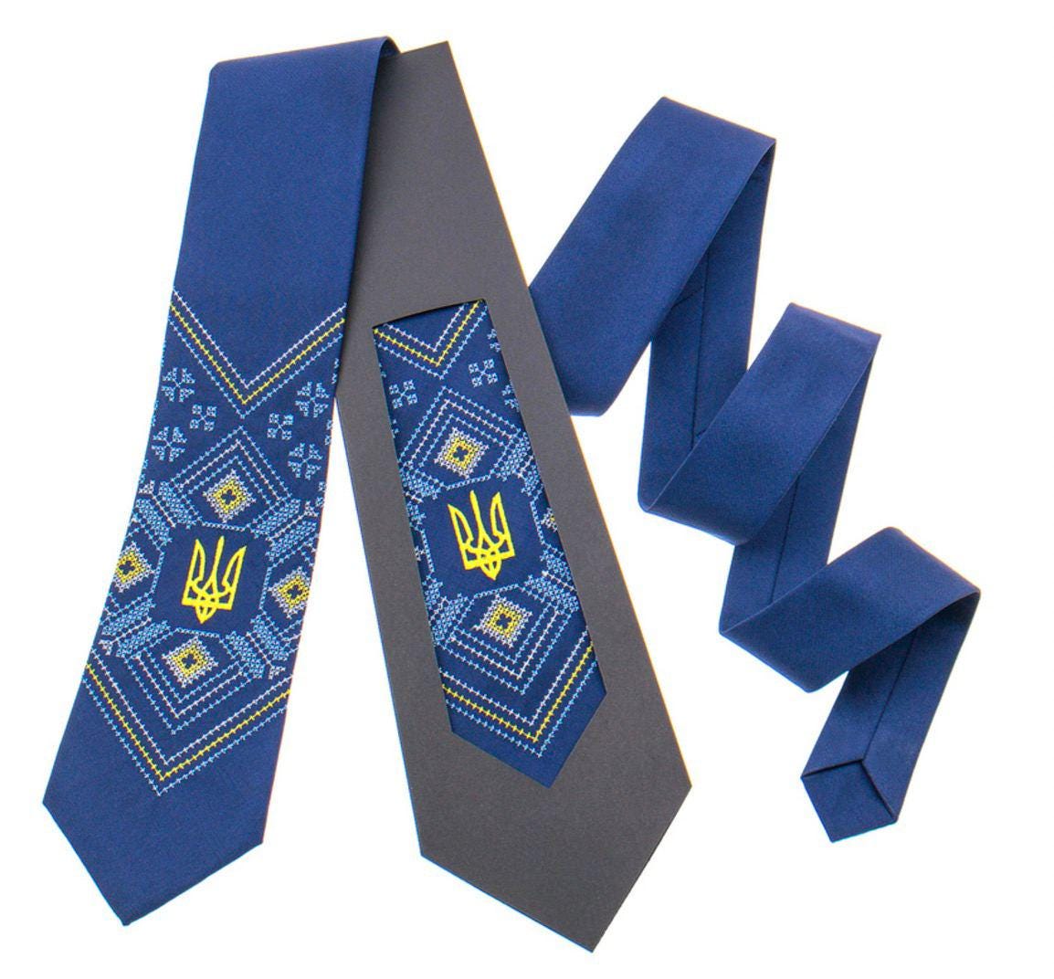 Blue satin embroidered tie with Ukrainian Trident, elegant men's accessory, perfect for business or formal events.