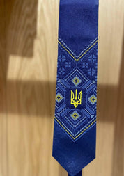 Blue satin tie with Ukrainian Tryzub embroidery, perfect for business or formal events.