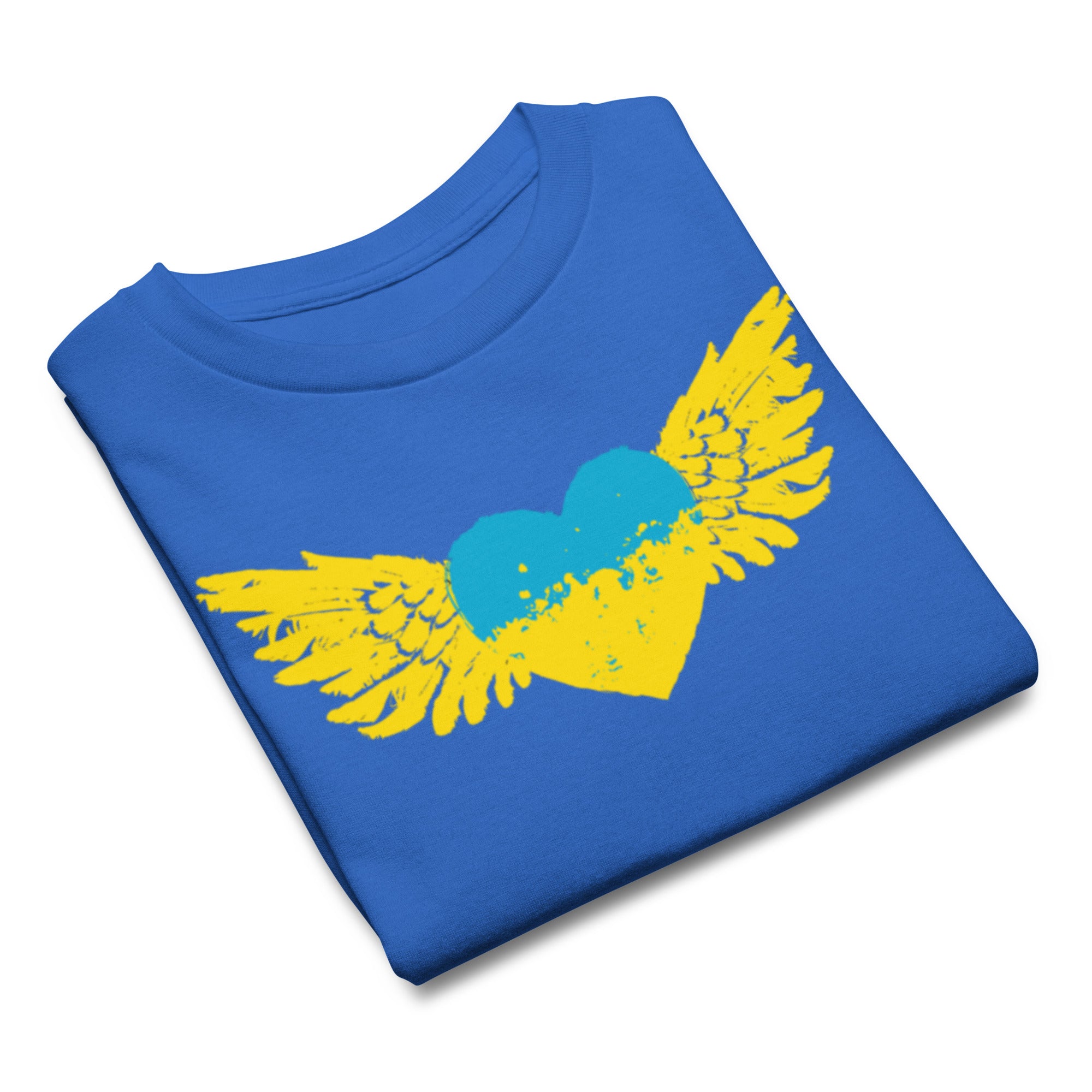 Blue t-shirt with yellow heart and wings design symbolizing Ukrainian pride.