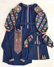 Blue linen embroidered shirts with traditional Ukrainian vyshyvanka design, featuring floral patterns and tassels.