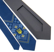 Blue satin tie with Ukrainian Trident embroidery, elegant men's necktie, perfect for business meetings and national events.