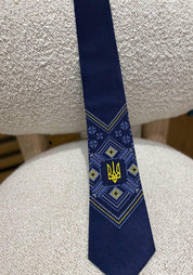 Blue satin tie with Ukrainian Trident embroidery, perfect for business and formal occasions.