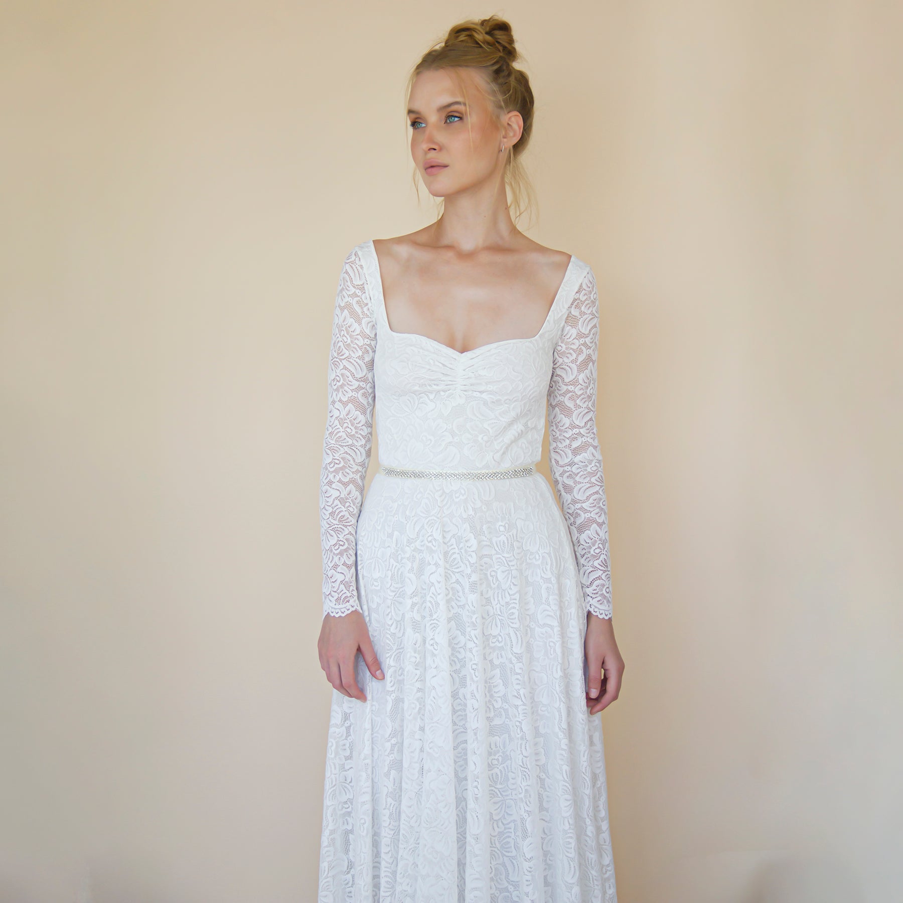 Bride wearing lace wedding dress with Virelle Crystal Ribbon Bridal Belt