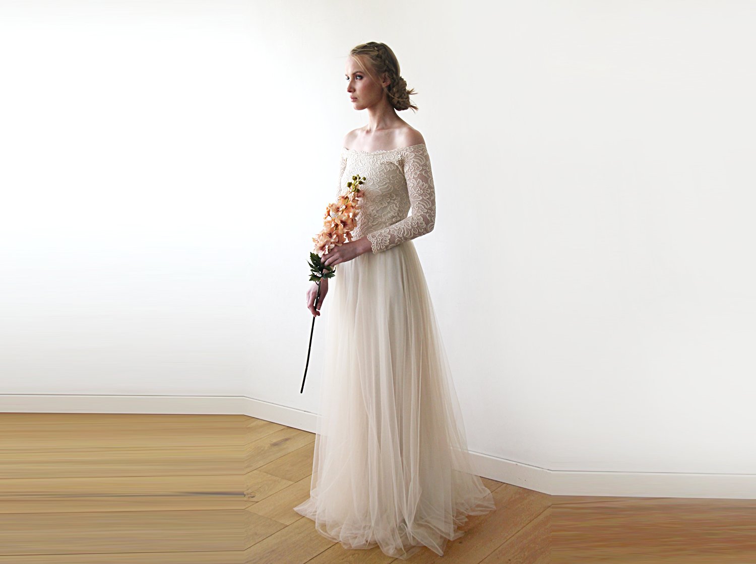 Elorine Champagne Lace Wedding Dress with floral lace bodice, off-the-shoulder design, and flowing silk tulle skirt for elegance.