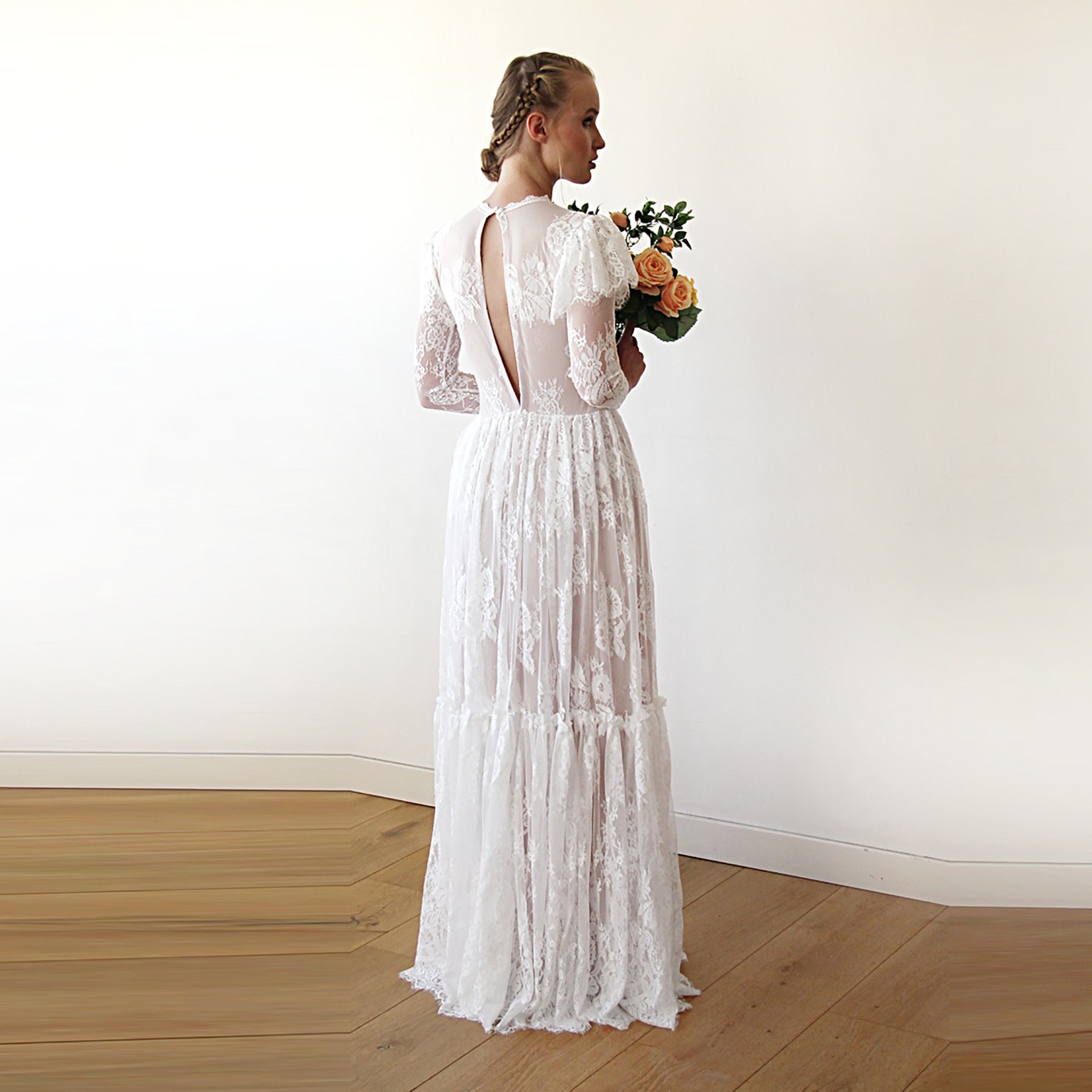 Floravelle Flutter Sleeve Bridal Gown with lace sleeves and vintage bohemian style, perfect for rustic weddings.