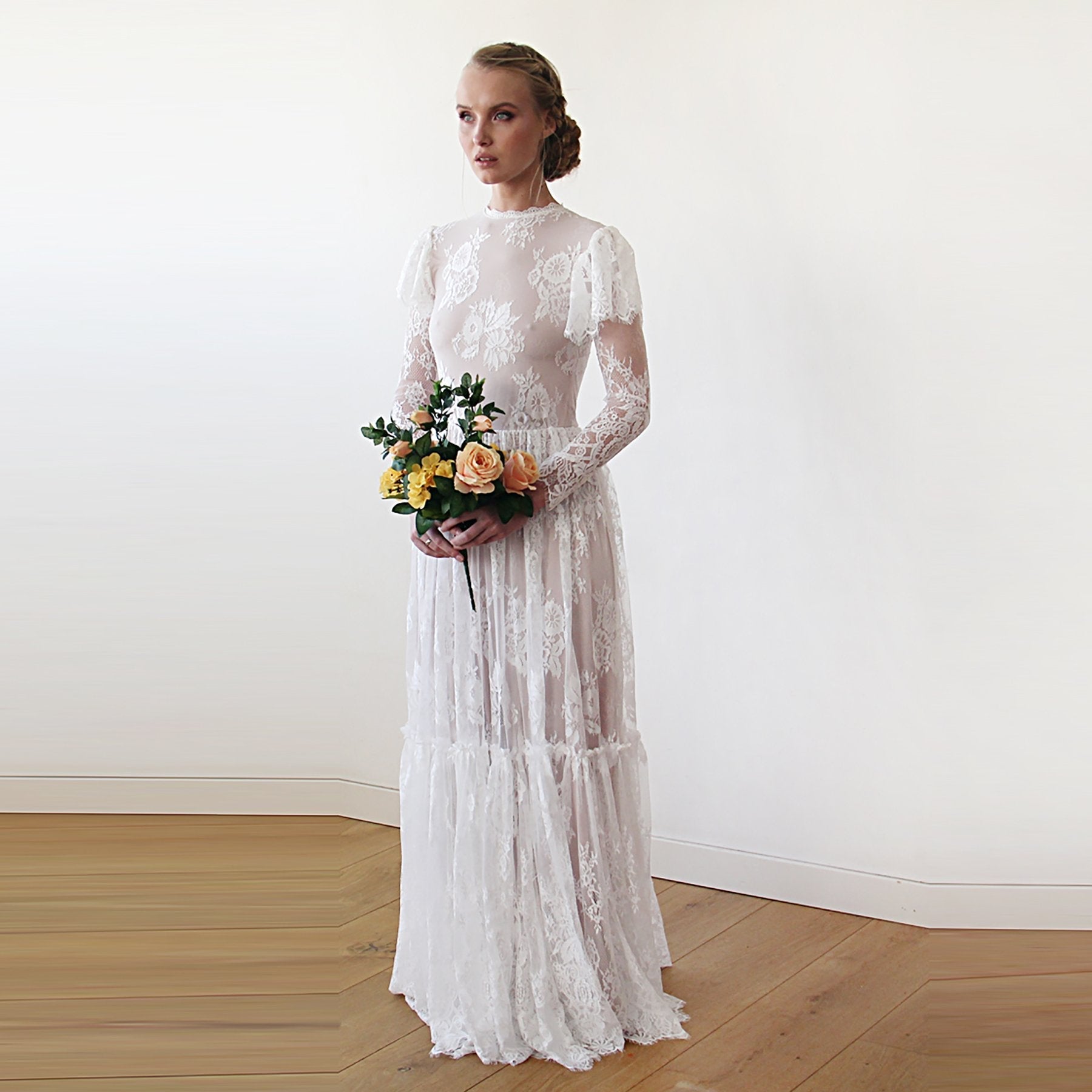 Floravelle Flutter Sleeve Bridal Gown with layered lace and blush lining, perfect for vintage or bohemian weddings.
